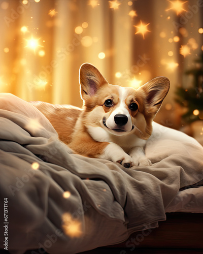 A cute corgi resting on a bed in a cosy room with a dreamy background