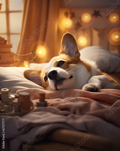 A cute corgi resting on a bed in a cosy room with a dreamy background