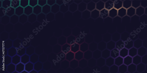 Art & IllustrationDark hexagon abstract technology background with blue and pink colored bright flashes under hexagon. Hexagonal gaming vector abstract tech background. vector