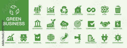 green business icons Environmental ecology, sustainability, money-saving investments, recycling, renewable energy and going green. Green business ideas, finance and sustainable investment