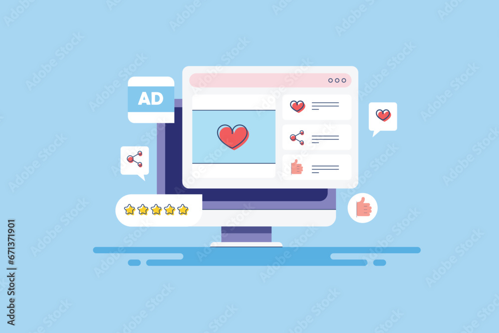 Social media marketing, content post on with like, share reaction, engaging audience with digital communication, e-business internet technology filled outline vector illustration. Social media marketing, content post on with like, share reaction, engaging audience with digital communication, e-business internet technology filled outline vector illustration.