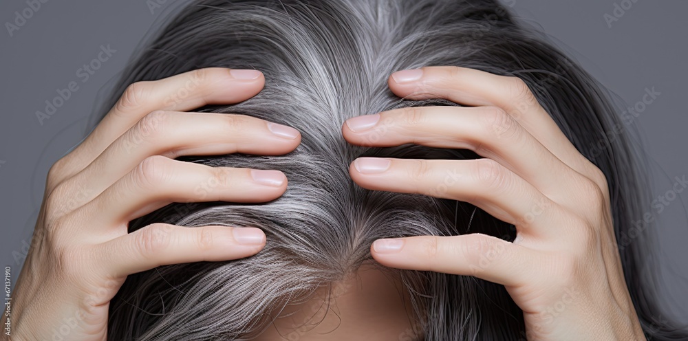 Obraz premium Gray hair health portrait. Close up concept of natural and scalp. Beauty and care. View illustrating and scalp