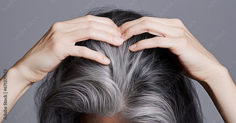 Naklejka premium Gray hair health portrait. Close up concept of natural and scalp. Beauty and care. View illustrating and scalp
