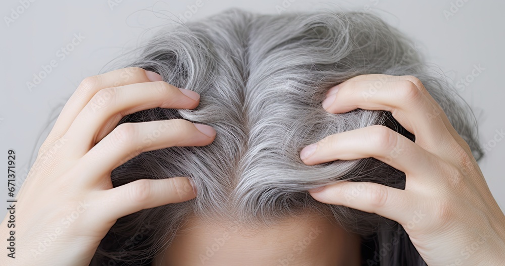 Naklejka premium Gray hair health portrait. Close up concept of natural and scalp. Beauty and care. View illustrating and scalp