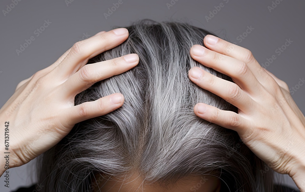 Gray hair health portrait. Close up concept of natural and scalp. Beauty and care. View illustrating and scalp Gray hair health portrait. Close up concept of natural and scalp. Beauty and care. View illustrating and scalp