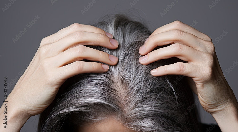 Naklejka premium Gray hair health portrait. Close up concept of natural and scalp. Beauty and care. View illustrating and scalp