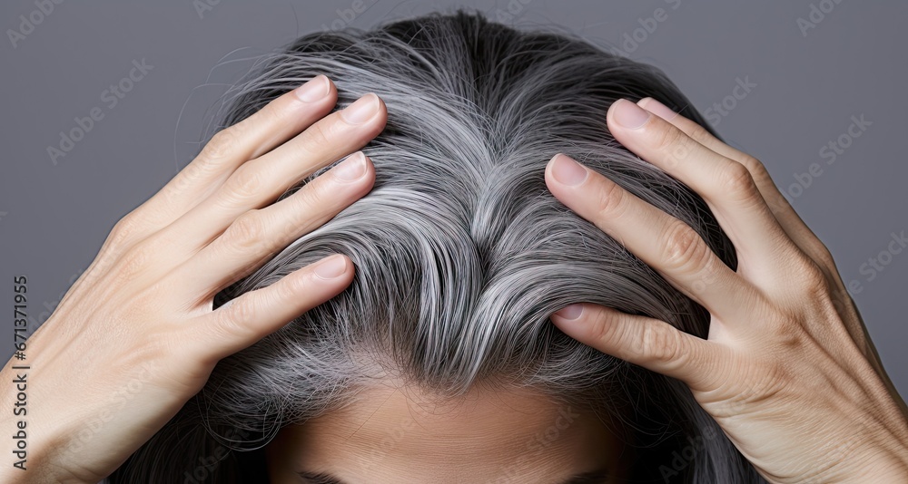 Fototapeta premium Gray hair health portrait. Close up concept of natural and scalp. Beauty and care. View illustrating and scalp