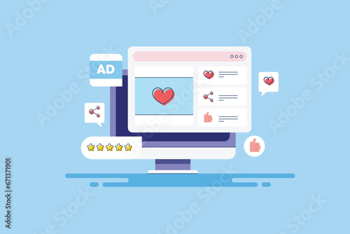 Social media marketing, content post on with like, share reaction, engaging audience with digital communication, e-business internet technology filled outline vector illustration.