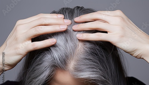 Gray hair health portrait. Close up concept of natural and scalp. Beauty and care. View illustrating and scalp photo