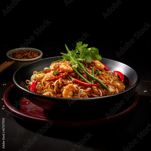 Pad thai noodles with vegetables lime and shrimp in black bowl Black background Top side view