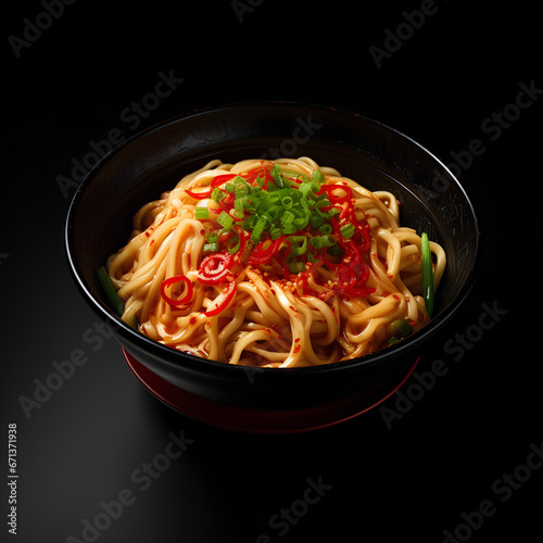 Stir fry noodles with vegetables in black bowl Black background Close up Top Side view