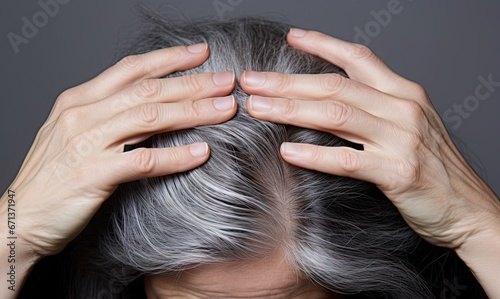Gray hair health portrait. Close up concept of natural and scalp. Beauty and care. View illustrating and scalp photo
