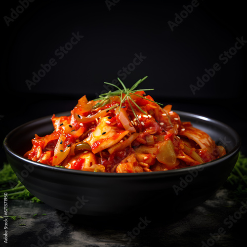 Korean kimchi made with Chinese cabbage in black bowl black background side view closeup