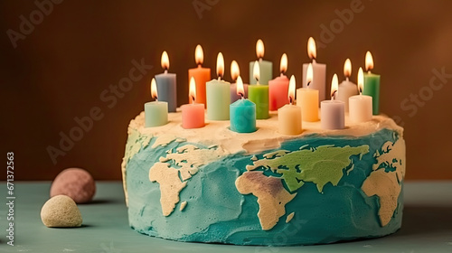 Candles on a world map that says world peace, Happy Birthday Mother Earth photo