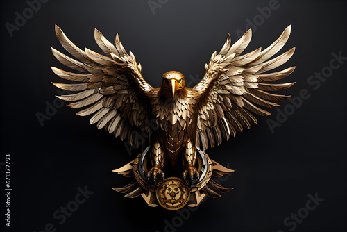 Eagle, gold emblem on black background, 3d illustration, generated ai