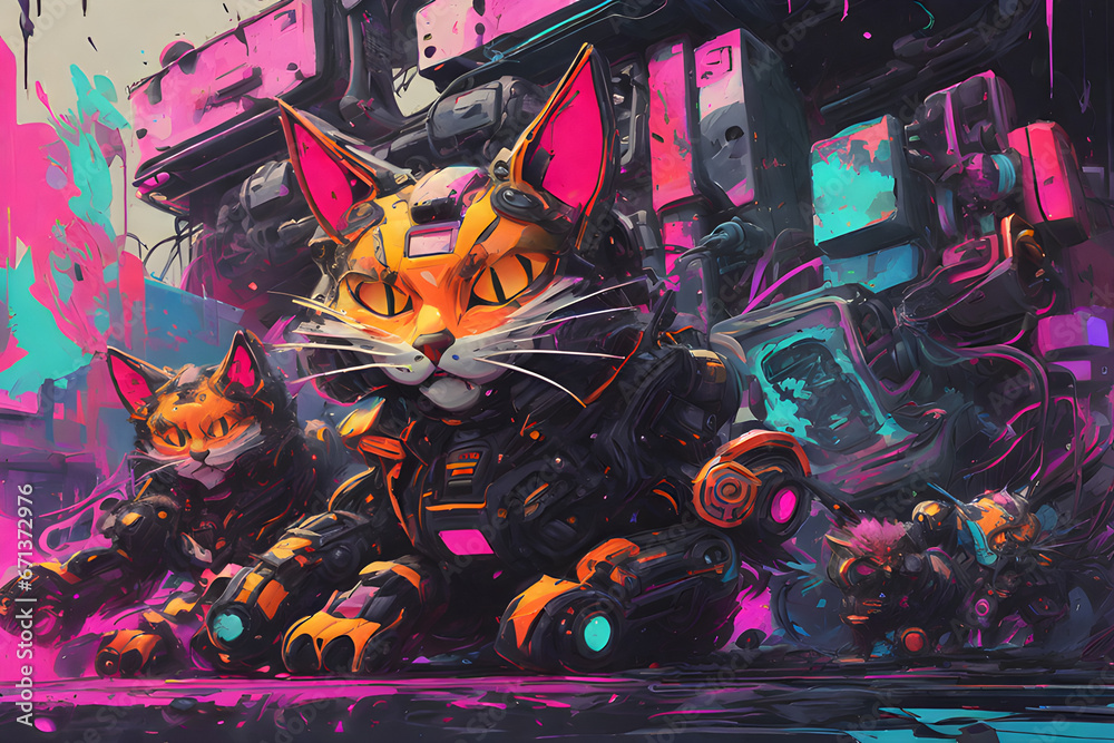 Sci-fi action of unknown cats. Generative AI.