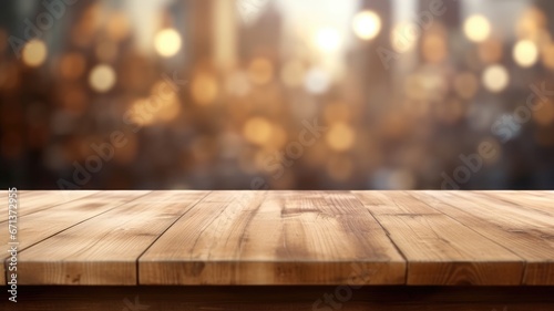 The empty wooden table top with blur background of empty room . Exuberant image. generative AI