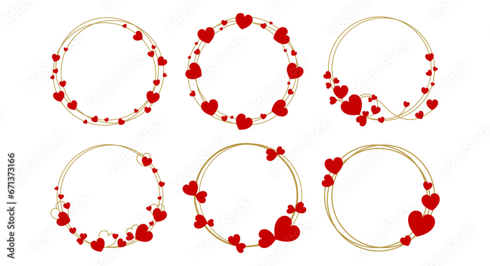  Heart circle frames , Romantic frames in circle , Round frame with heart pattern design, Valentine's Day decorative frame element , vector illustration