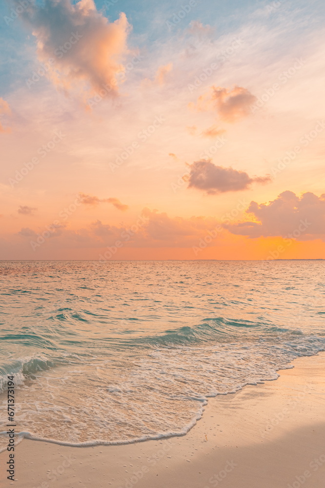 Fototapeta premium Best vertical beach coast panorama. Sunset landscape, calm sea waves relaxing sky clouds. Inspire meditation wallpaper. Majestic nature captivating serene gold sands tranquil. Picturesque paradise
