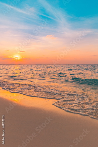 Best vertical beach coast panorama. Sunset landscape, calm sea waves relaxing sky clouds. Inspire meditation wallpaper. Majestic nature captivating serene gold sands tranquil. Picturesque paradise