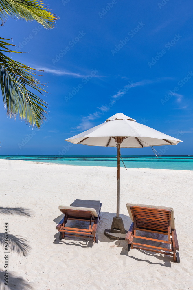 Obraz premium Tropical paradise beach white sand coconut palm trees majestic sea. Vertical panorama romantic chairs umbrella sunny landscape. Luxury vacation holiday banner tropical resort. Beautiful coast serene