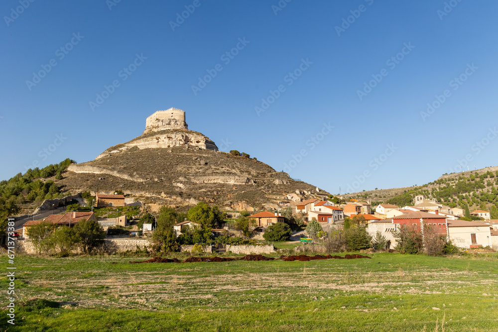 Curiel de Duero, Spain - October 12, 2023: different views of the medieval castle in the town of Curiel de Duero, province of Valladolid, Spain - obrazy, fototapety, plakaty 