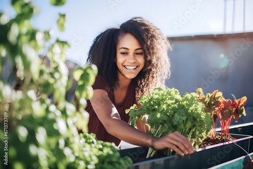 African woman harvesting fresh vegetables from rooftop greenhouse garden