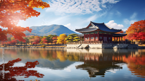 Gyeongbokgung palace in autumn lake