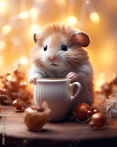 A cute hamster in a cosy room with food and on a dreamy background