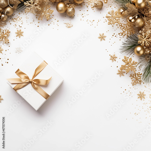 Christmas and New year elements with tree branches, gift, confetti for Christmas party backdrop and card background, Generative AI.