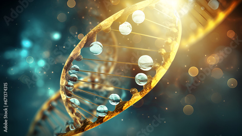 A Lustrous Blue Background and Golden Double Helix.A dna strand with a blue background.Beautiful golden dna generative ai
 photo