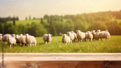 The empty wooden brown table top with blur background of sheep pasture. Exuberant image. generative AI