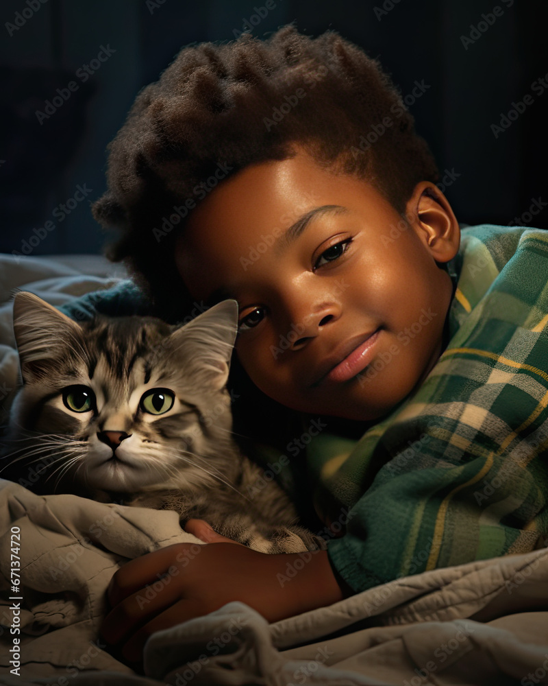 A sweet little boy hugging his pet on a cosy bed A sweet little boy hugging his pet on a cosy bed