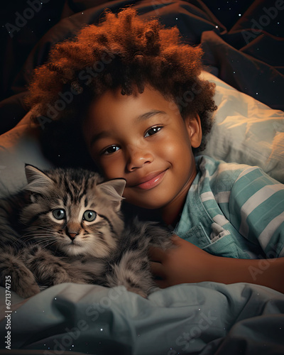A sweet little boy hugging his pet on a cosy bed