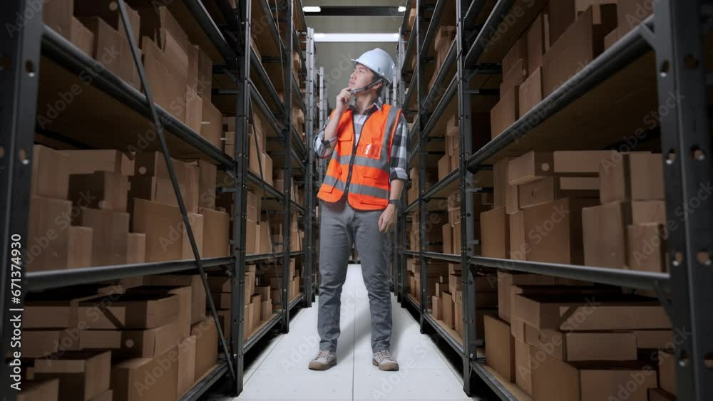 Full Body Of Asian Male Engineer With Safety Helmet Standing In The Warehouse With Shelves Full Of Delivery Goods. Thinking About Something And Looking Around In The Storage
Full Body Of Asian Male Engineer With Safety Helmet Standing In The Warehouse With Shelves Full Of Delivery Goods. Thinking About Something And Looking Around In The Storage