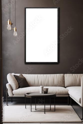 Modern living room image mockup. Picture frame template. Style of dark brown and light beige, Industrial chic interior design.