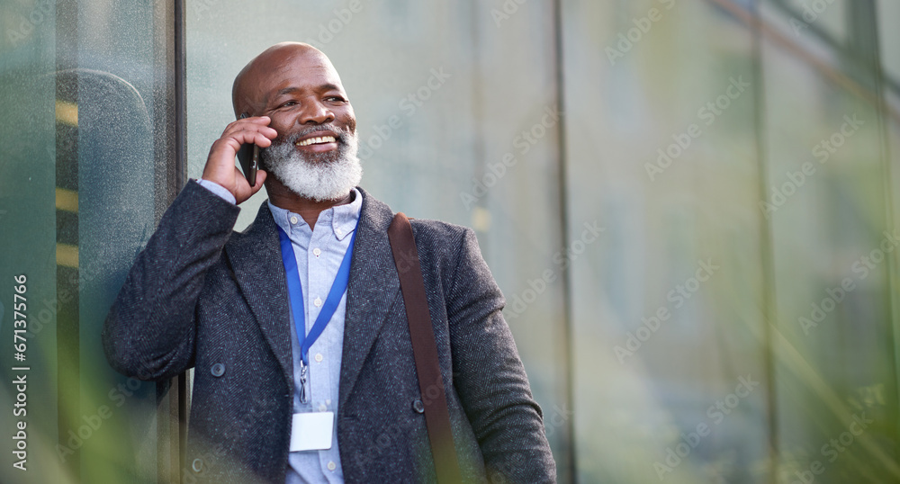 Phone call, thinking and a business black man in the city with mockup for communication or networking. Contact, idea and 5g mobile technology with a senior male manager talking on his smartphone