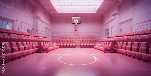purple hall with chairs  hyper realistic primary school basketball court with a pink colour