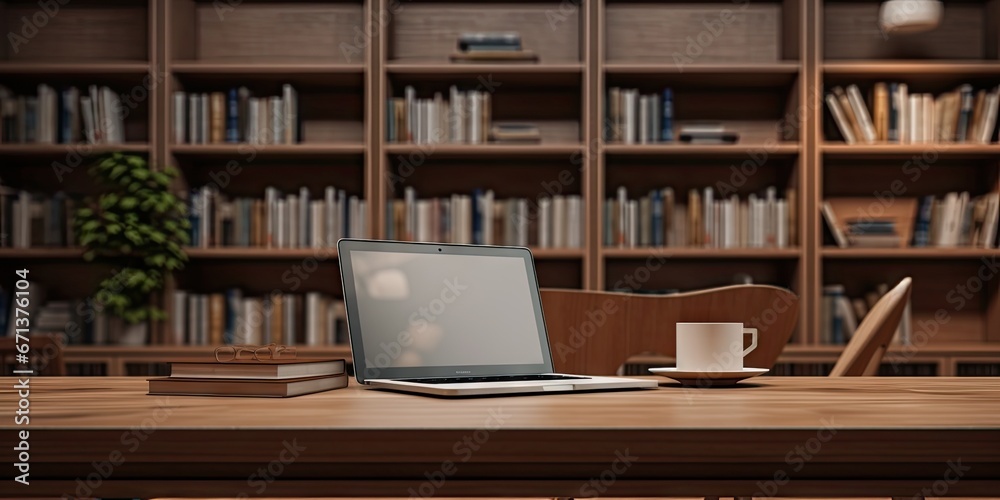 Fototapeta premium Modern workspace. Empty desk with laptop technology in business. Digital office setup. Blank screen on wooden table. Creative desktop