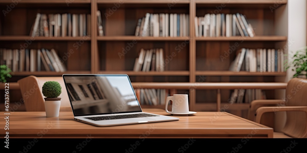 Modern workspace. Empty desk with laptop technology in business. Digital office setup. Blank screen on wooden table. Creative desktop