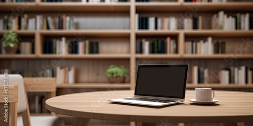 Modern workspace. Empty desk with laptop technology in business. Digital office setup. Blank screen on wooden table. Creative desktop
