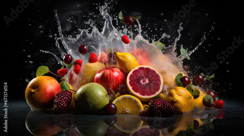 A bunch of fruits with a splash of water