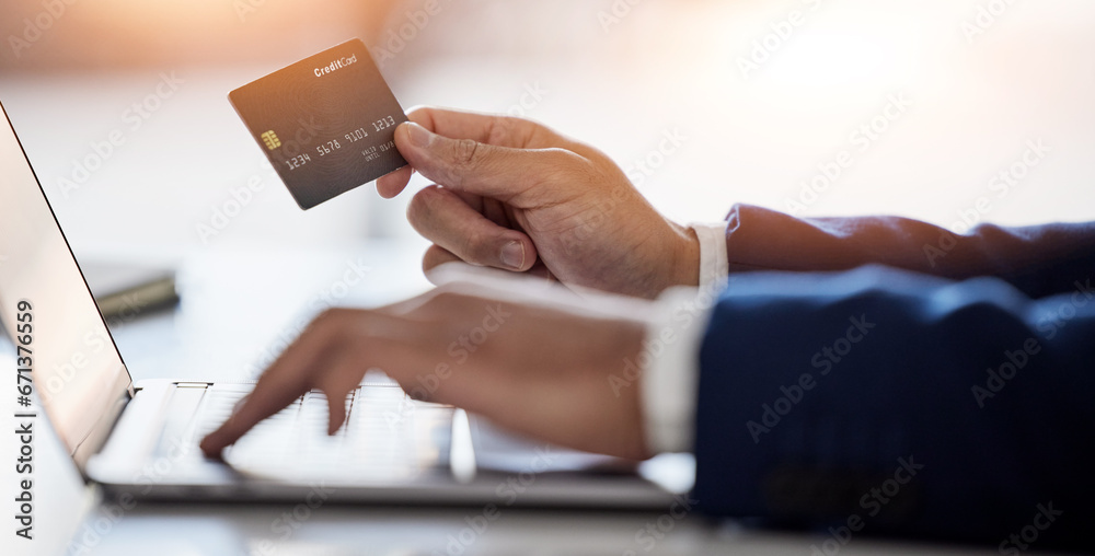 Business man, hands and credit card at laptop for ecommerce, accounting budget or banking investment. Closeup of worker at computer for online shopping, fintech and trading money in financial economy - obrazy, fototapety, plakaty 