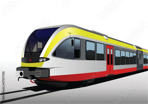 Gray-red-yellow modern speed bullet train. Fast suburban, subway, metro, commuter, hovercraft. Vector illustration.