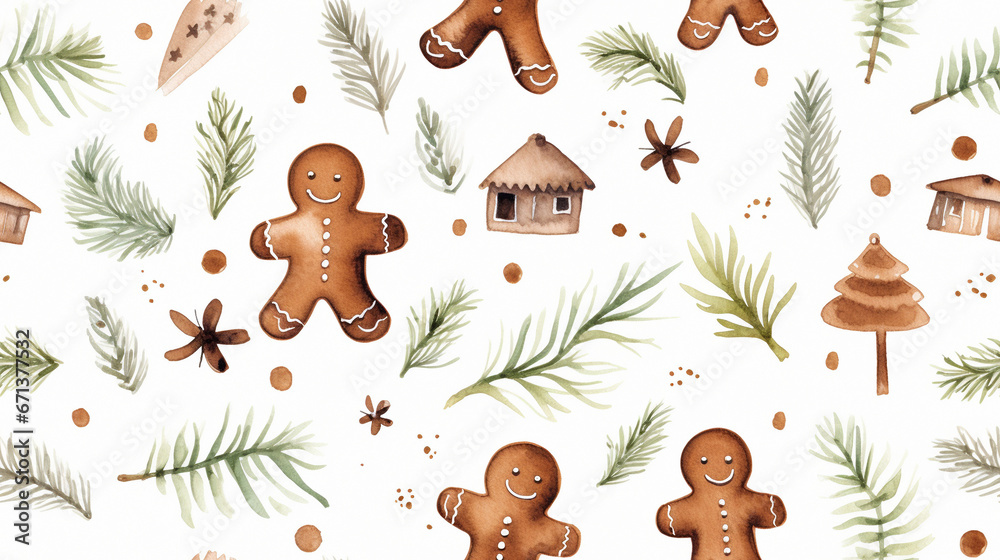Fototapeta premium Seamless Christmas or New Year watercolor pattern with gingerbread men. Aspect ratio 16:9