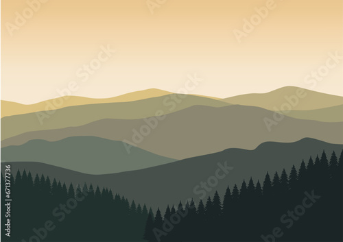 Mountains and pine forests. Vector illustration in flat style.