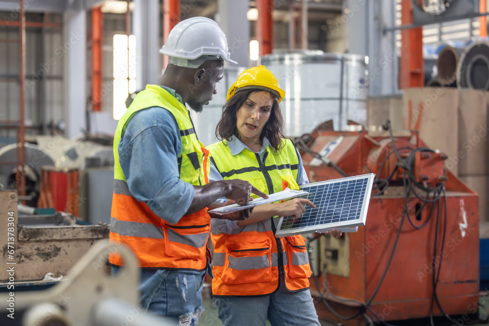 Factory metal workers install solar panels, cut costs, earn carbon credits, combat climate change. Factory metal workers install solar panels, cut costs, earn carbon credits, combat climate change.