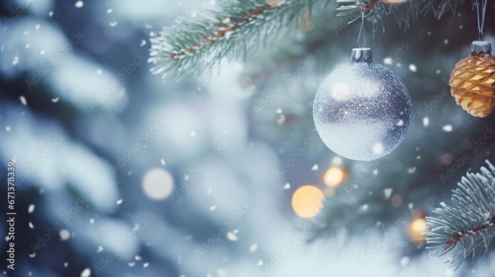 Closeup of Christmas bauble ball decoration on Christmas tree with golden bokeh festive lights background. Merry Christmas and Happy New Year greeting cards. Xmas night. Winter holiday. Closeup of Christmas bauble ball decoration on Christmas tree with golden bokeh festive lights background. Merry Christmas and Happy New Year greeting cards. Xmas night. Winter holiday.