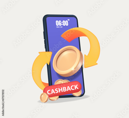 3D Cashback via mobile phone with arrow on coin float and sale promotion banner.
