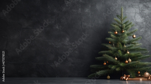 Border of Christmas evergreen garland with golden berries on a dark marble background with copy space. Created with Ai